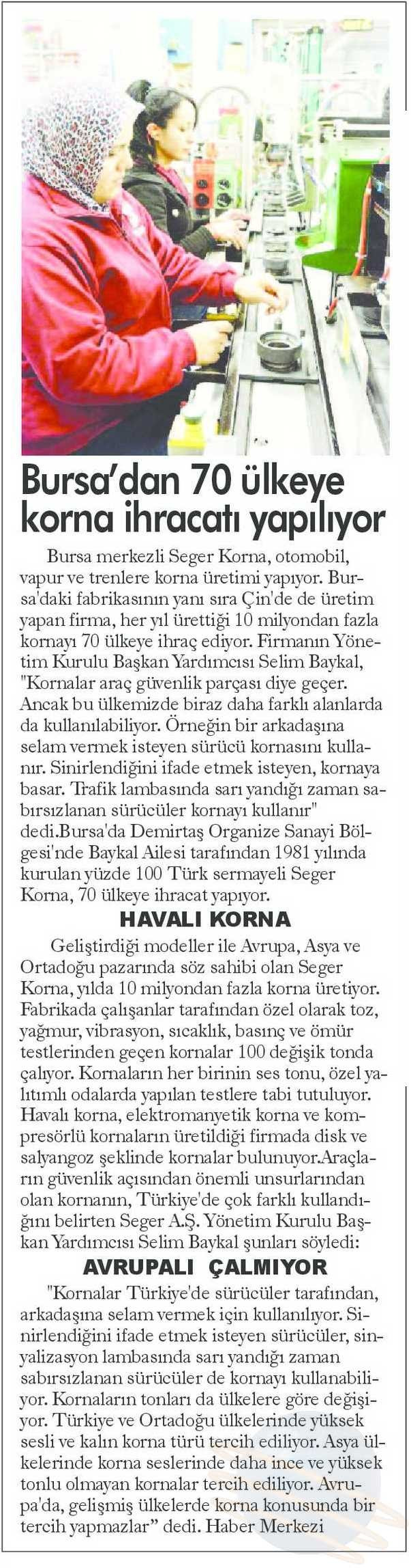 Bursa'dan 70 ülkeye korna ihracatı yapılıyor.. Yeni Marmara(26/01/2016)
