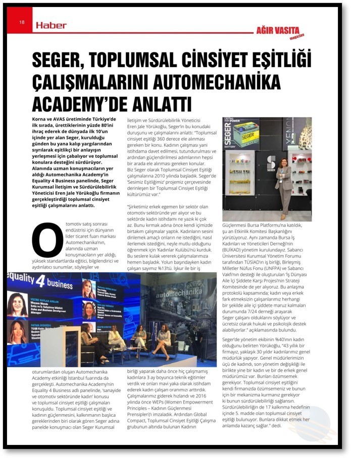 Seger Toplumsal Cinsiyet Eşitliği Çalışmalarını Automechanika Academy\'de anlattı